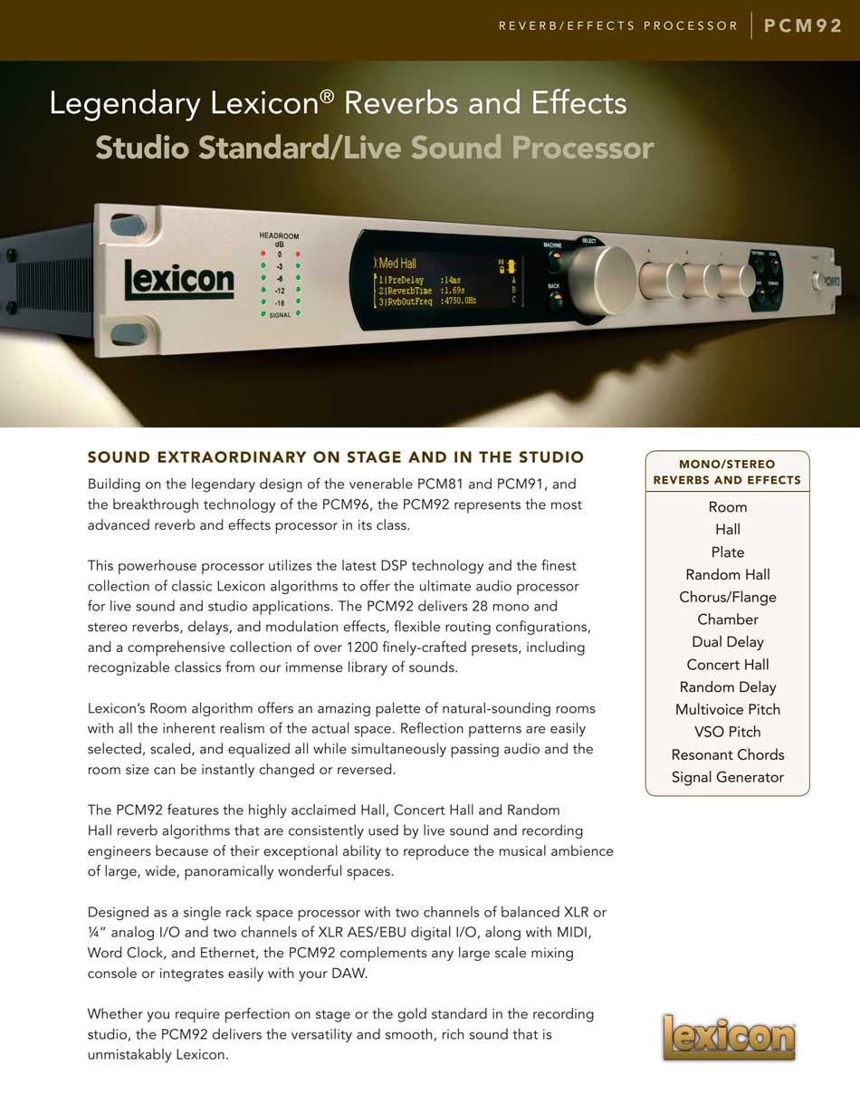 Lexicon/莱斯康 PCM92 立体声混响效果处理器 数字效果器 立体声DSP混响效果器